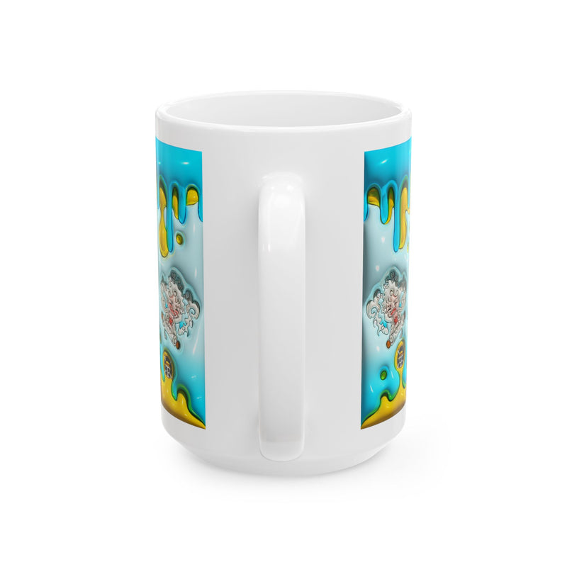 Colorful Drip Art Ceramic Mug — Vibrant Blue & Yellow Cartoon Design (11oz, 15oz)