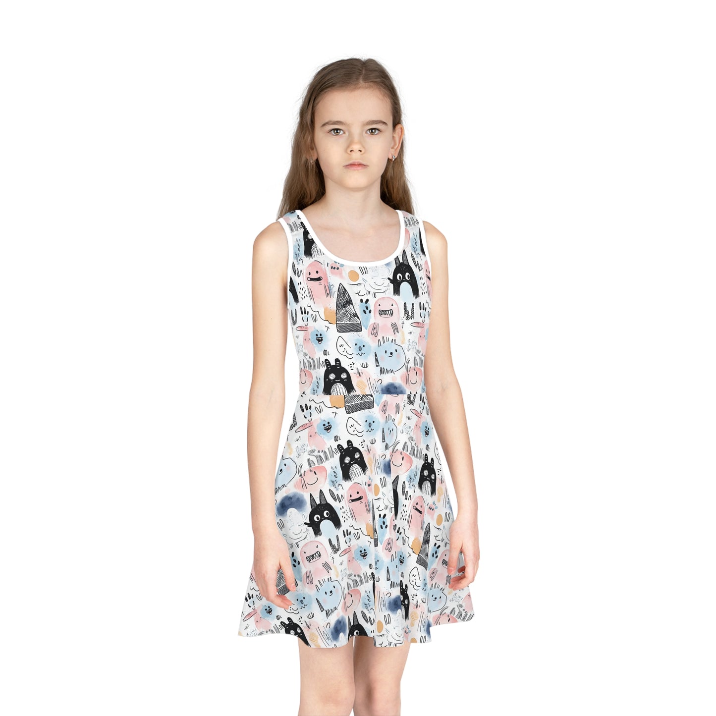 Doodle Monster 1 Girls' Sleeveless Sundress (AOP)