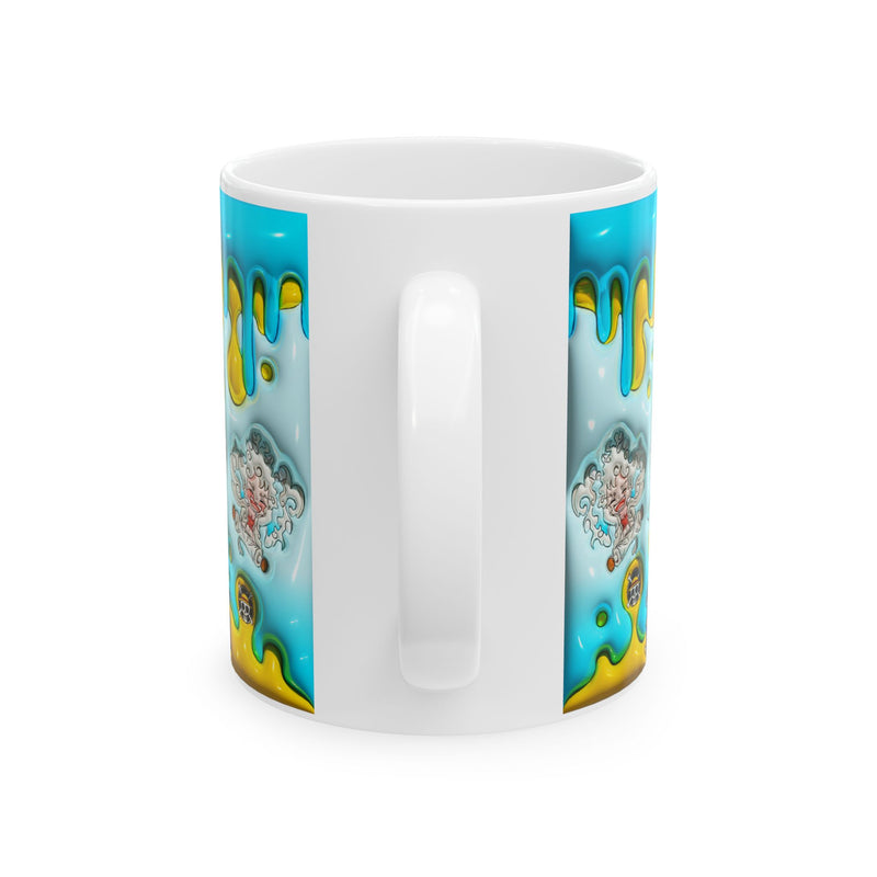 Colorful Drip Art Ceramic Mug — Vibrant Blue & Yellow Cartoon Design (11oz, 15oz)
