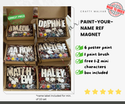 A promotional collage showing six cardboard boxes filled with paint-by-numbers style name magnet kits, alongside text listing included items such as poster paint, one paint brush, mini characters, and a box. The left side shows the boxed products, while the right side has marketing copy on a white background.