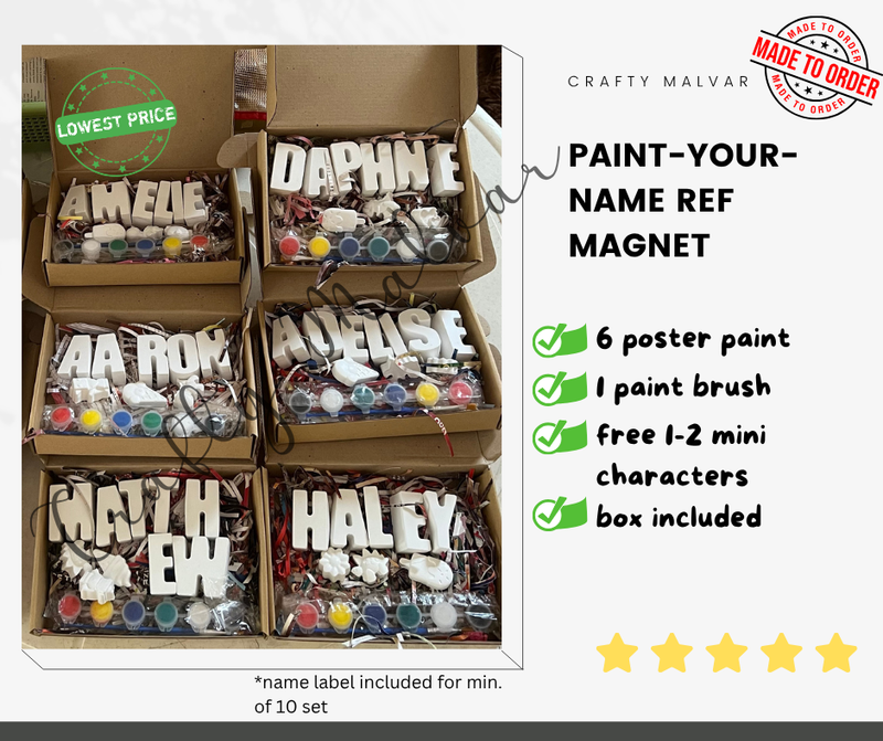 A promotional collage showing six cardboard boxes filled with paint-by-numbers style name magnet kits, alongside text listing included items such as poster paint, one paint brush, mini characters, and a box. The left side shows the boxed products, while the right side has marketing copy on a white background.