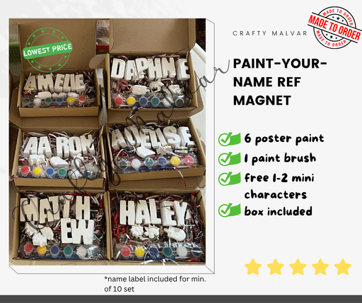 A promotional collage showing six cardboard boxes filled with paint-by-numbers style name magnet kits, alongside text listing included items such as poster paint, one paint brush, mini characters, and a box. The left side shows the boxed products, while the right side has marketing copy on a white background.